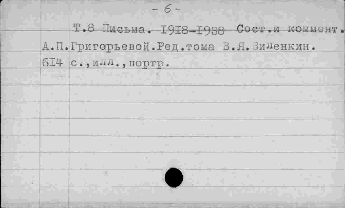 ﻿- 6-
Т.Я Письма.
коммент
А.П
614
Григорьевой.Ред.тома В.Я.Виленкин.
с.,ил.,портр.